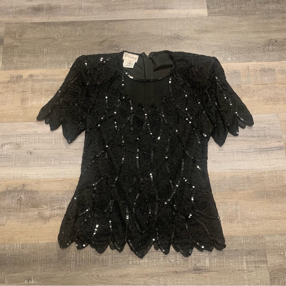 Stenay Vintage Beaded Sequin Evening Formal Black Silk Top Small